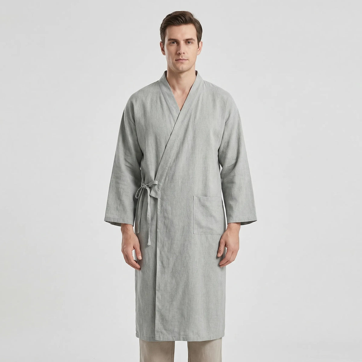Men's Kimono-Style Robe, Lightweight Breathable Fabric, Adjustable Tie Belt