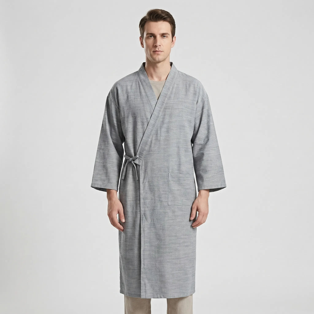 Men's Kimono-Style Robe, Lightweight Breathable Fabric, Adjustable Tie Belt