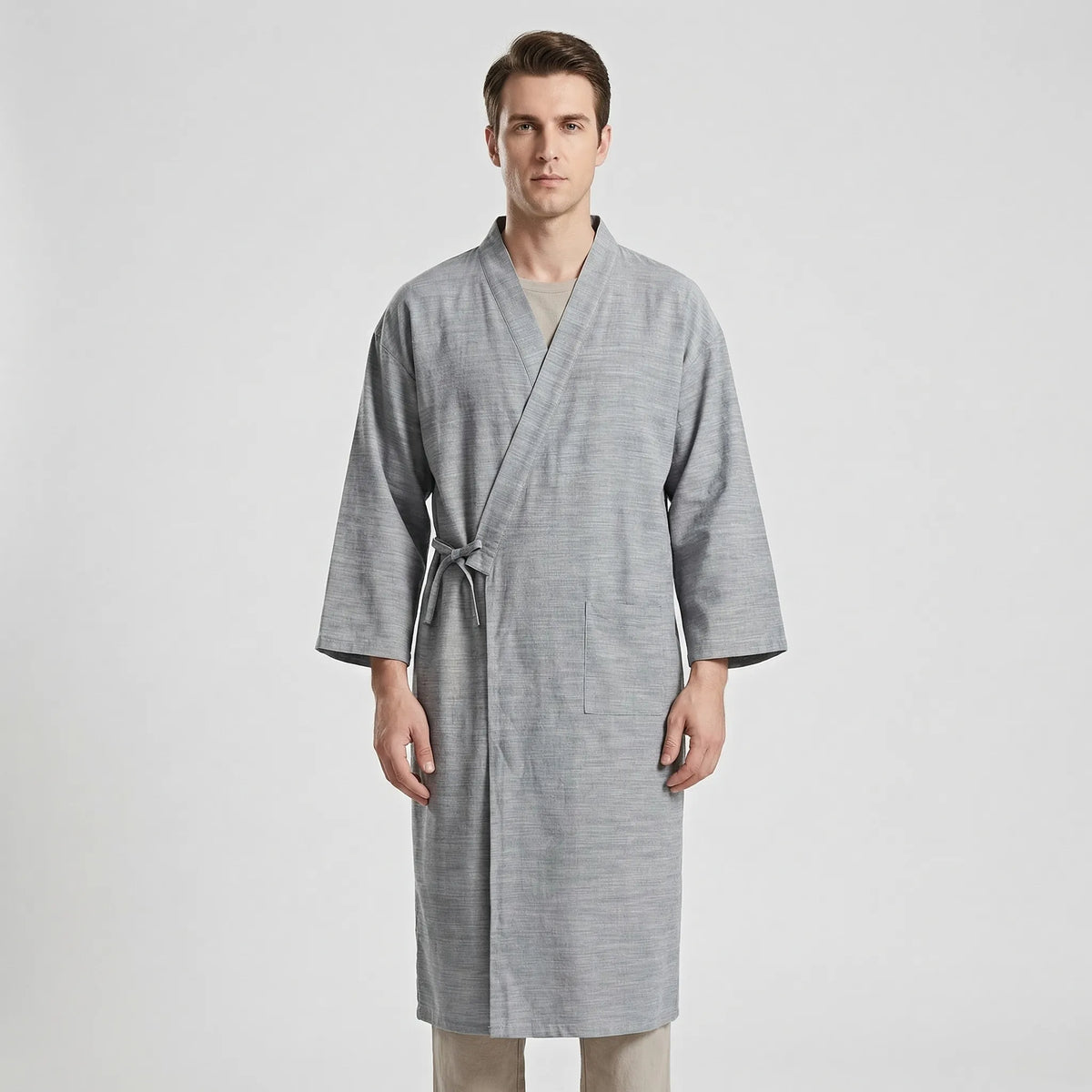 Men's Kimono-Style Robe, Lightweight Breathable Fabric, Adjustable Tie Belt