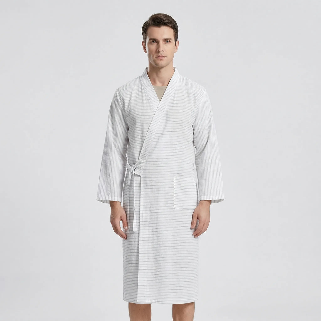 Men's Kimono-Style Robe, Lightweight Breathable Fabric, Adjustable Tie Belt