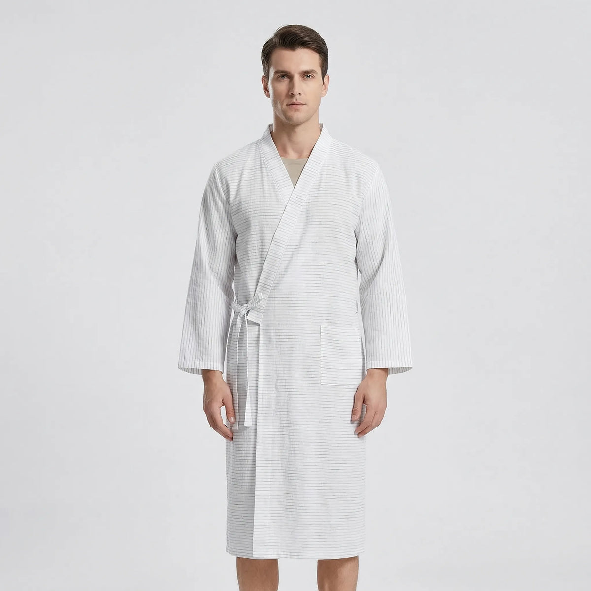 Men's Kimono-Style Robe, Lightweight Breathable Fabric, Adjustable Tie Belt