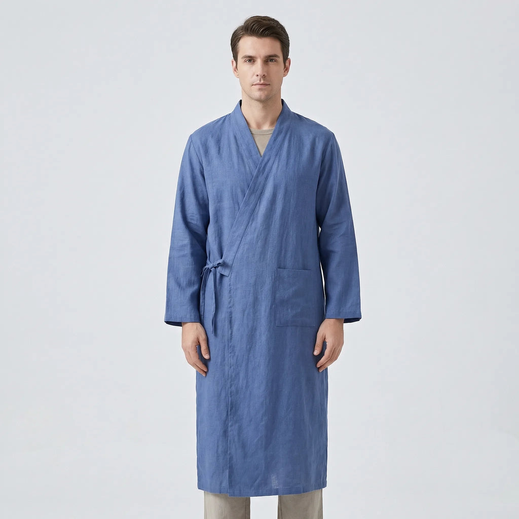 Men's Kimono-Style Robe, Lightweight Breathable Fabric, Adjustable Tie Belt