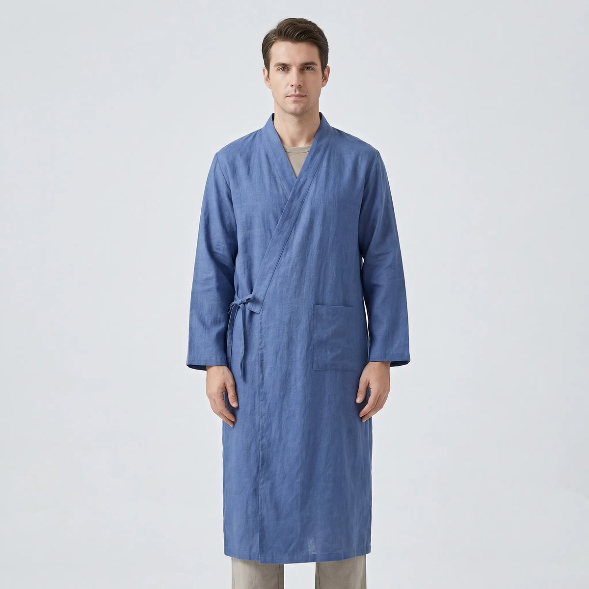 Men's Kimono-Style Robe, Lightweight Breathable Fabric, Adjustable Tie Belt