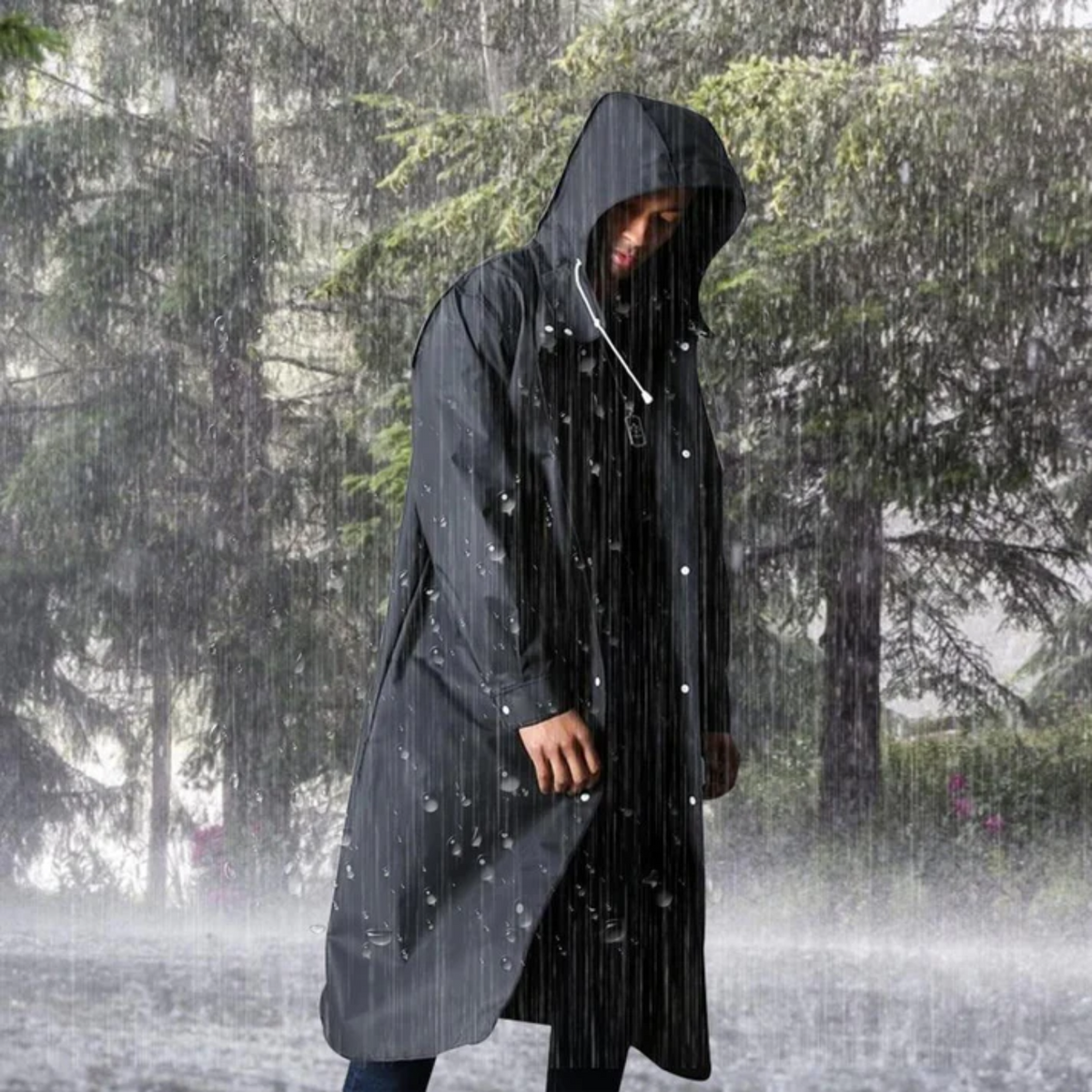 Men's Long Waterproof Rain Jacket with Hood for All Seasons