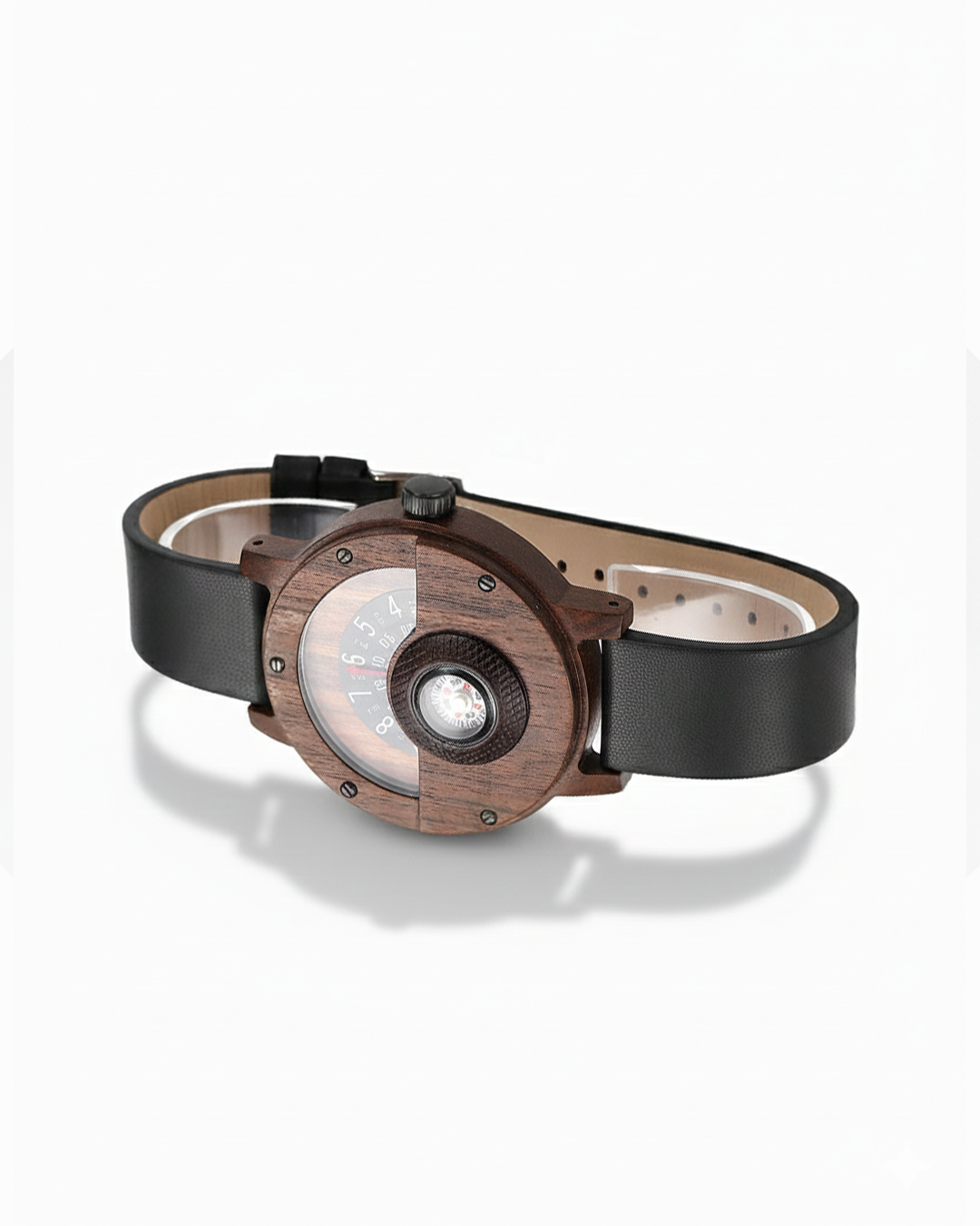 Men's Rugged Wood & Leather Compass Watch