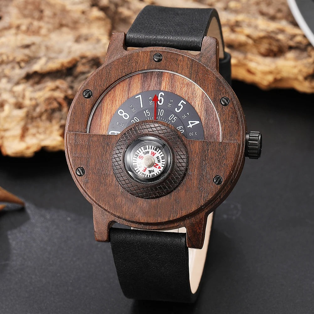 Men's Rugged Wood & Leather Compass Watch