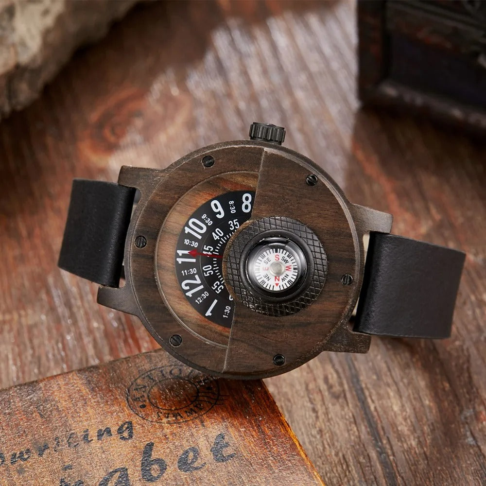 Men's Rugged Wood & Leather Compass Watch