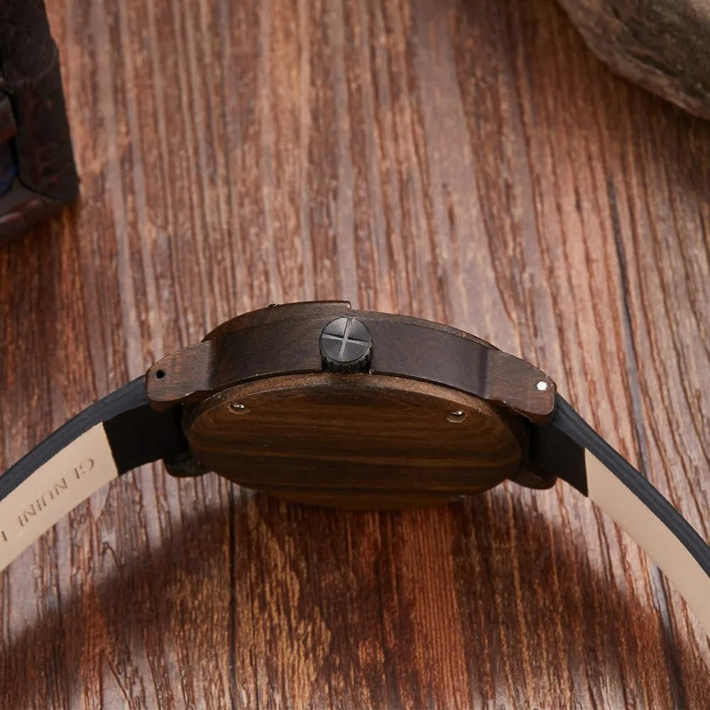 Men's Rugged Wood & Leather Compass Watch