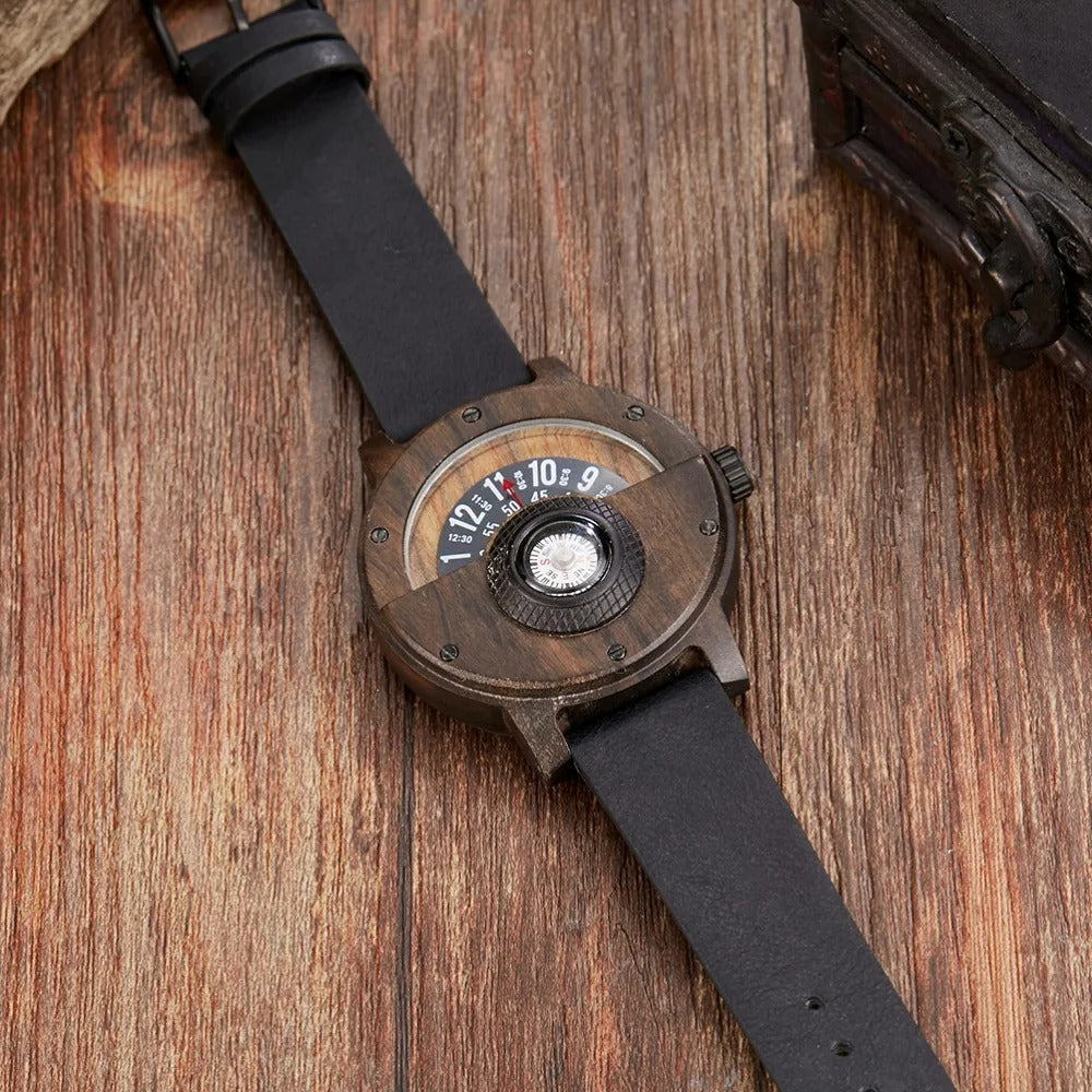 Men's Rugged Wood & Leather Compass Watch
