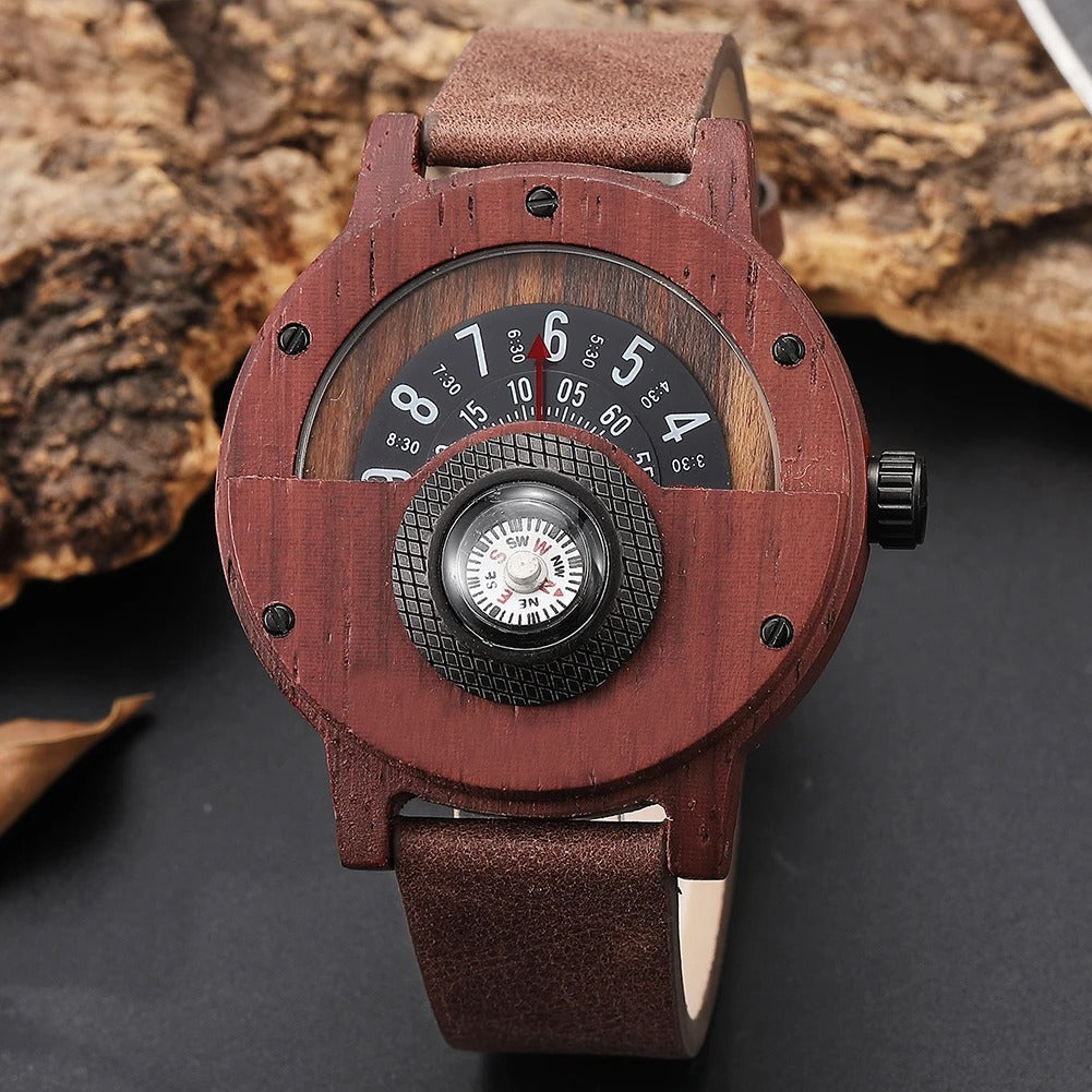 Men's Rugged Wood & Leather Compass Watch