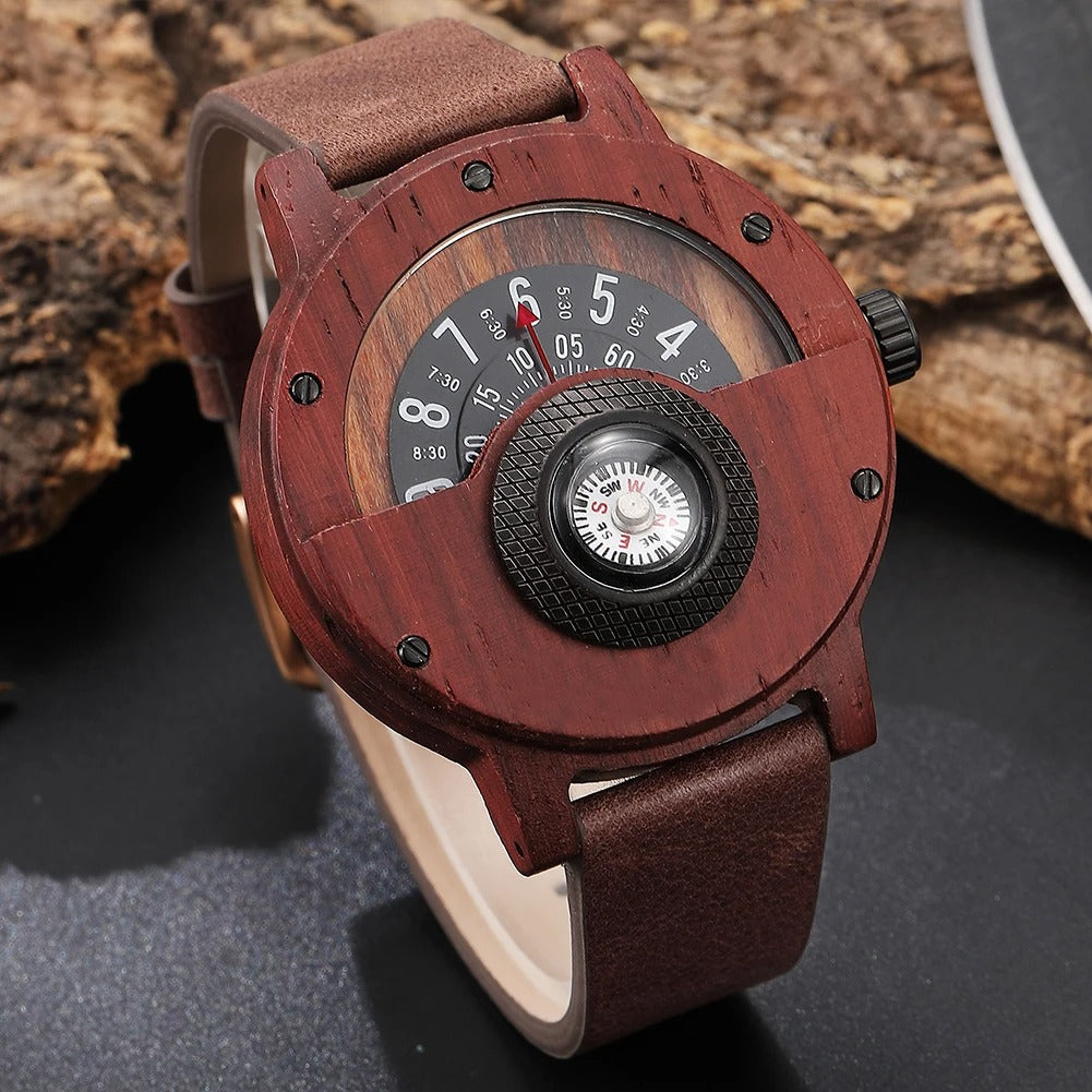Men's Rugged Wood & Leather Compass Watch