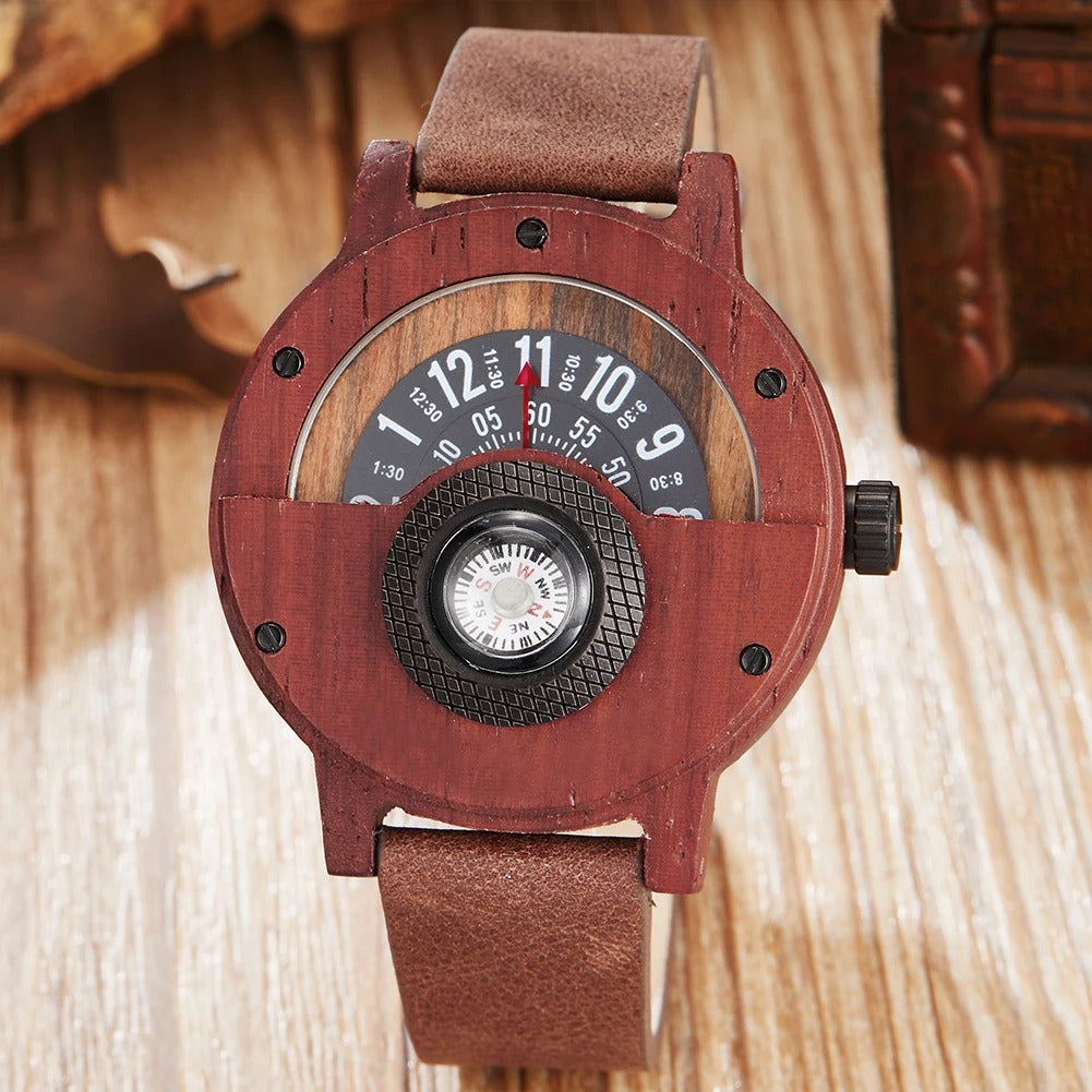 Men's Rugged Wood & Leather Compass Watch