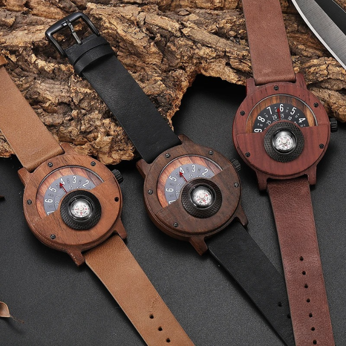 Men's Rugged Wood & Leather Compass Watch