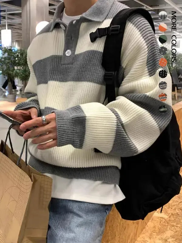 Men's striped ribbed knit rugby polo shirt