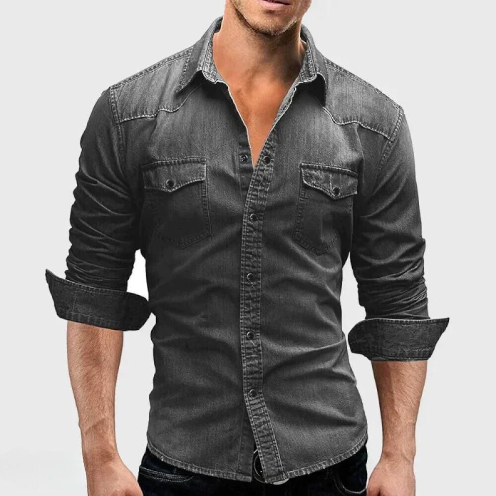 Men's Vintage Wash Denim Shirt with Pockets - Rugged Style