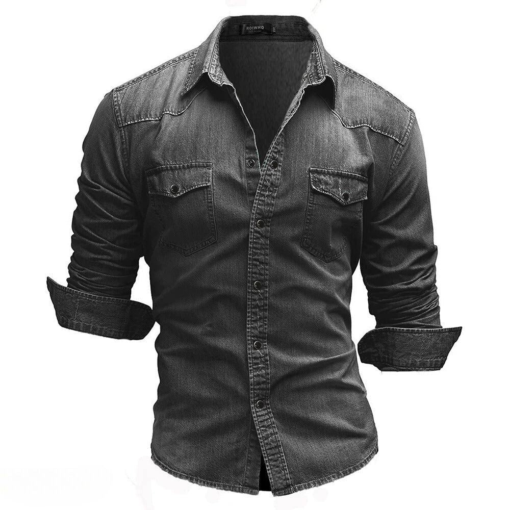 Men's Vintage Wash Denim Shirt with Pockets - Rugged Style