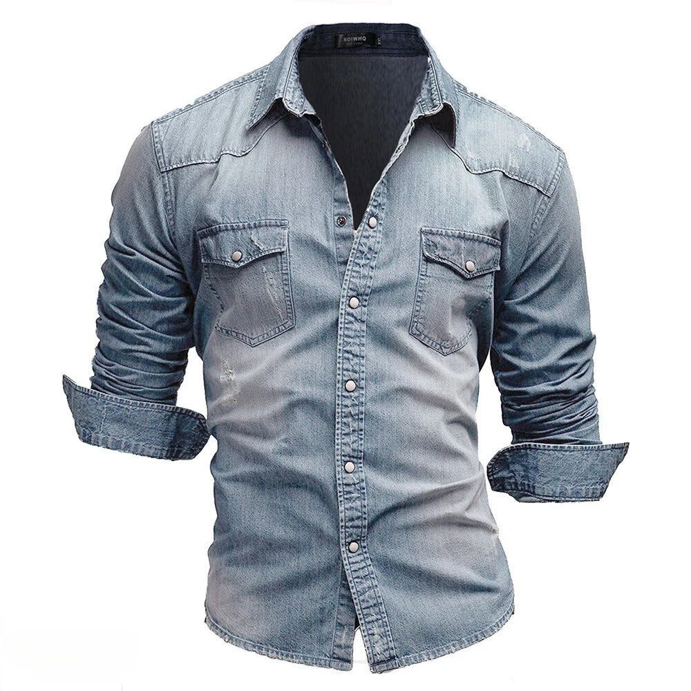 Men's Vintage Wash Denim Shirt with Pockets - Rugged Style