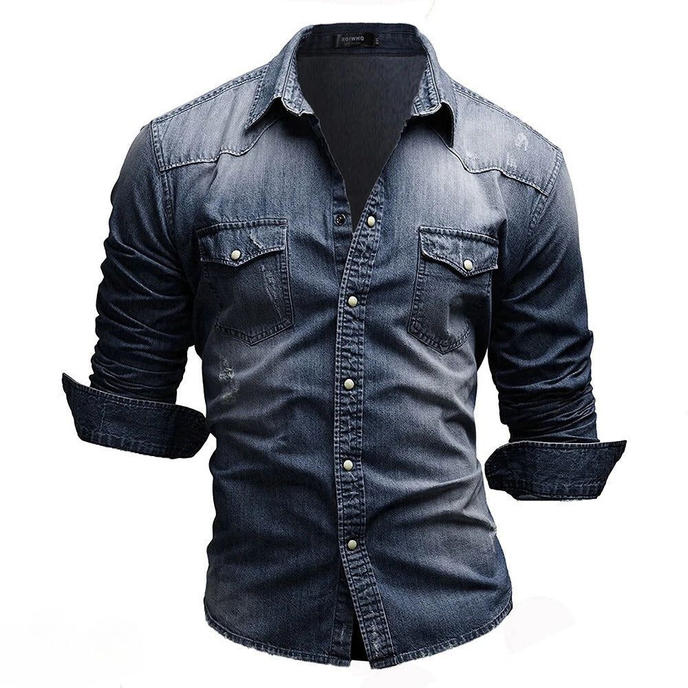 Men's Vintage Wash Denim Shirt with Pockets - Rugged Style