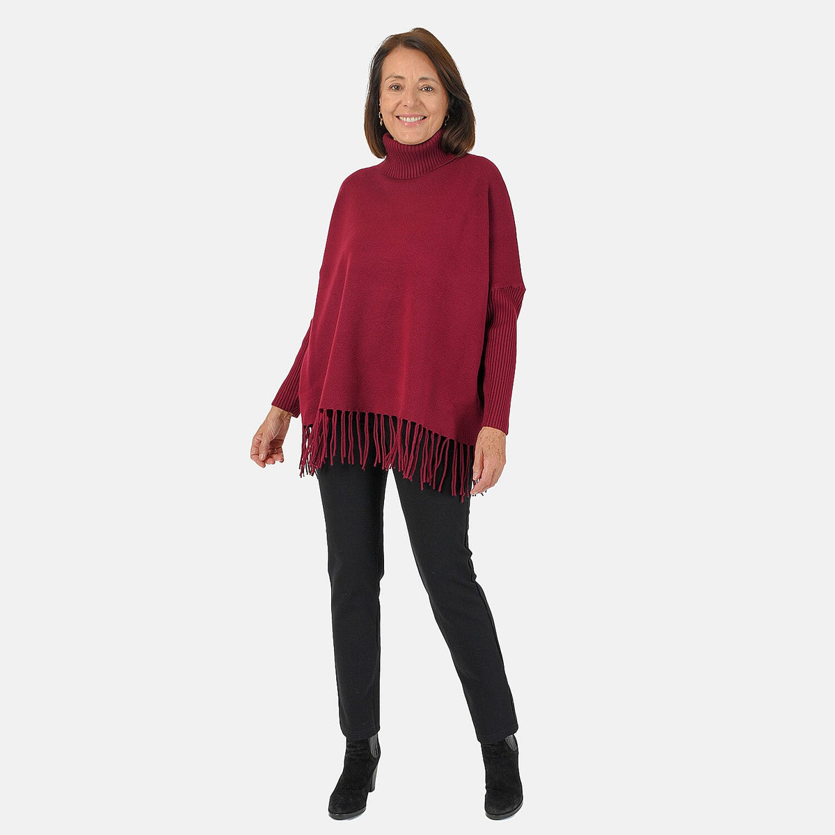 Mudflower Women's Roll Neck Fringe Hem Jumper with Relaxed Poncho Fit