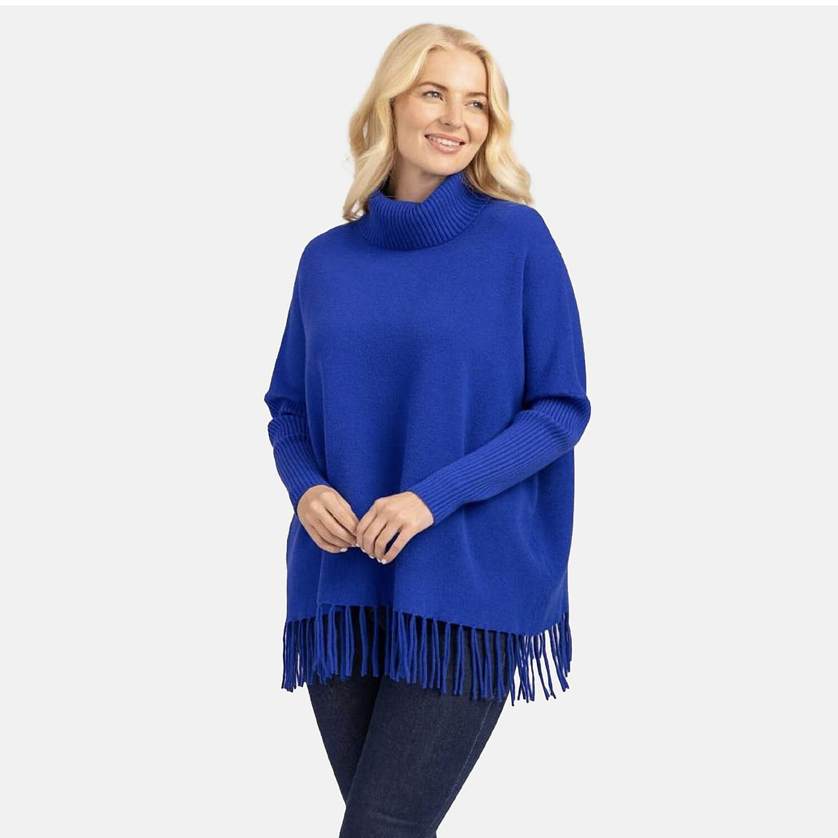 Mudflower Women's Roll Neck Fringe Hem Jumper with Relaxed Poncho Fit