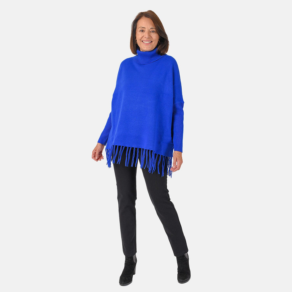 Mudflower Women's Roll Neck Fringe Hem Jumper with Relaxed Poncho Fit