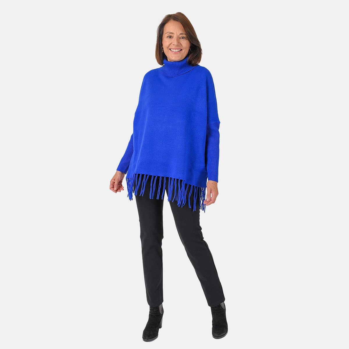 Mudflower Women's Roll Neck Fringe Hem Jumper with Relaxed Poncho Fit