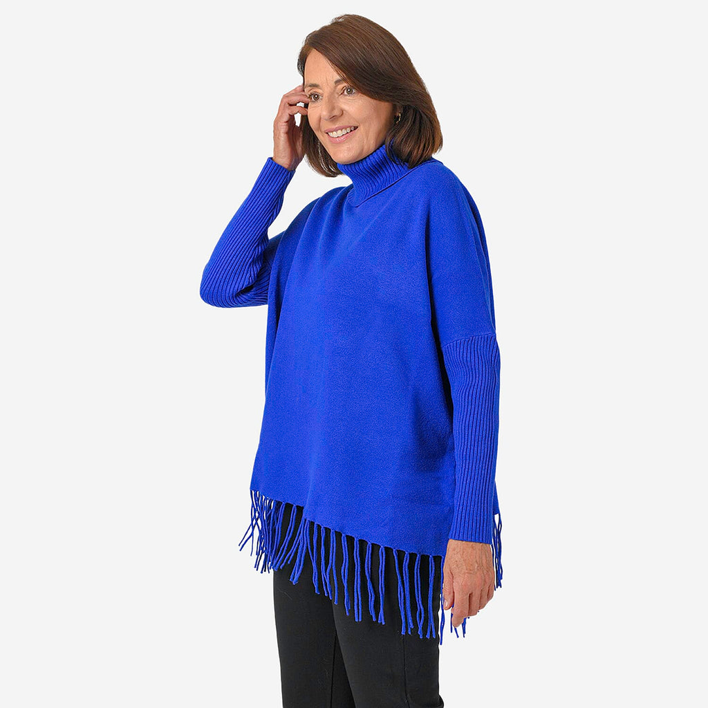 Mudflower Women's Roll Neck Fringe Hem Jumper with Relaxed Poncho Fit