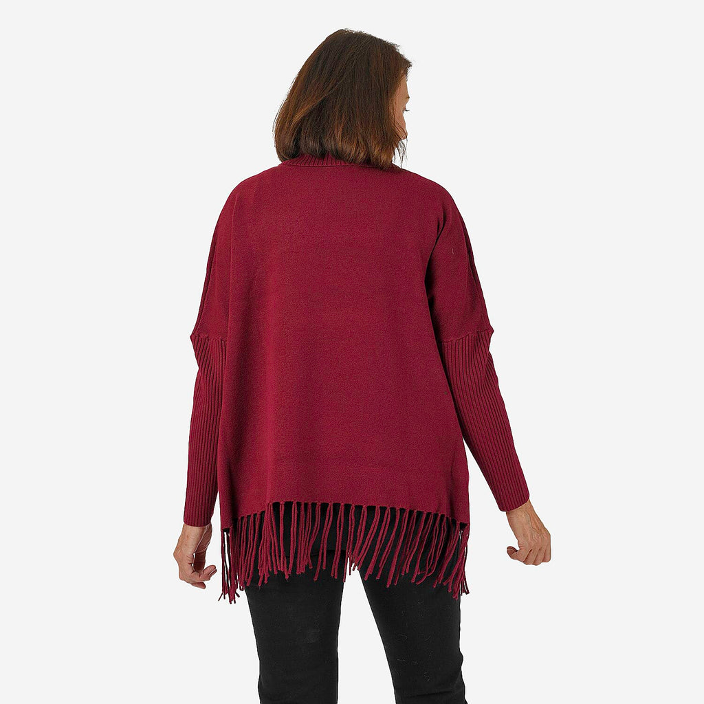 Mudflower Women's Roll Neck Fringe Hem Jumper with Relaxed Poncho Fit
