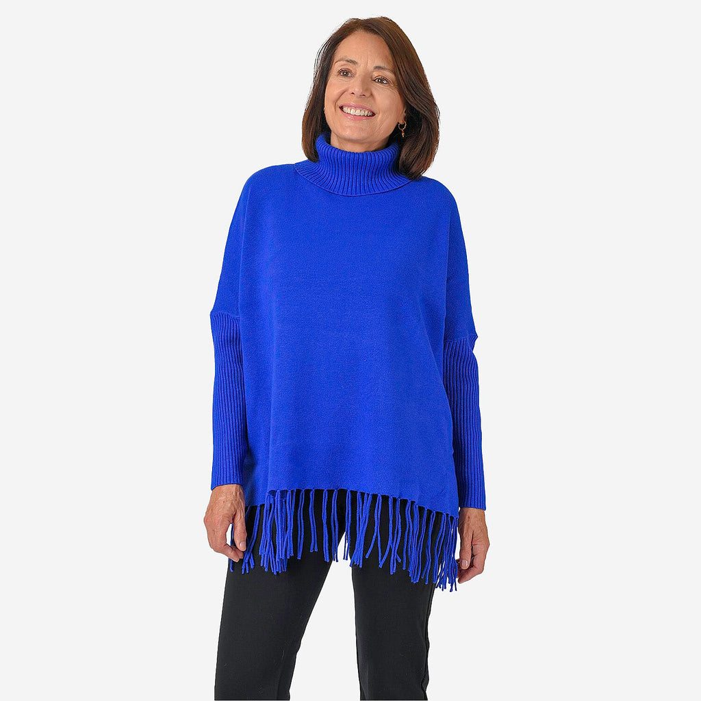 Mudflower Women's Roll Neck Fringe Hem Jumper with Relaxed Poncho Fit