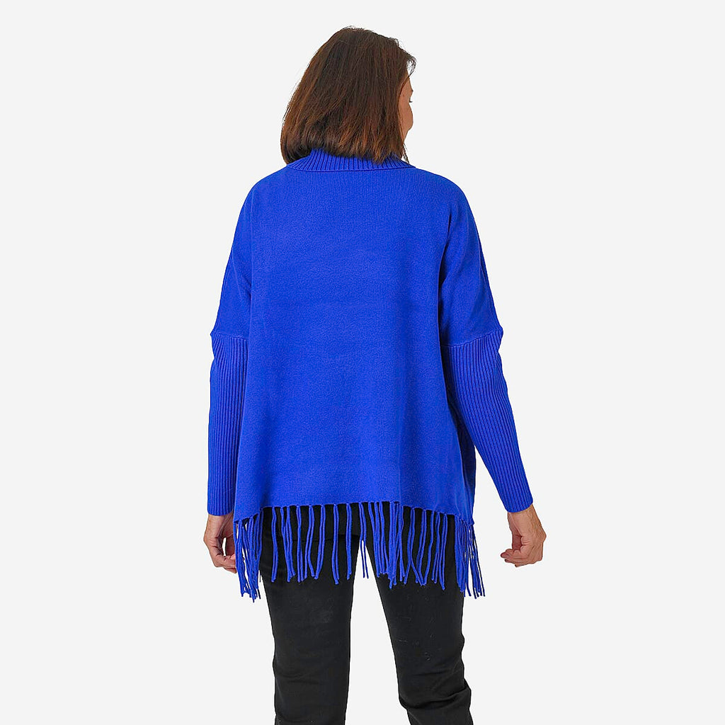 Mudflower Women's Roll Neck Fringe Hem Jumper with Relaxed Poncho Fit
