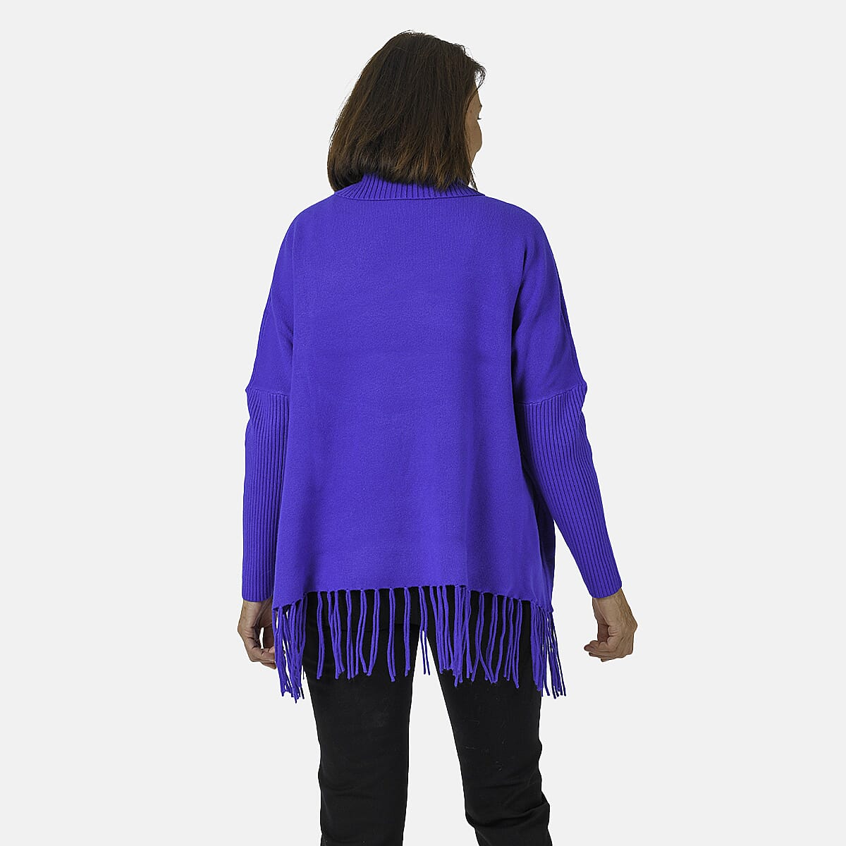 Mudflower Women's Roll Neck Fringe Hem Jumper with Relaxed Poncho Fit