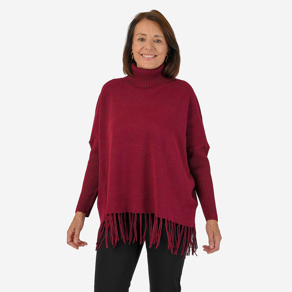 Mudflower Women's Roll Neck Fringe Hem Jumper with Relaxed Poncho Fit