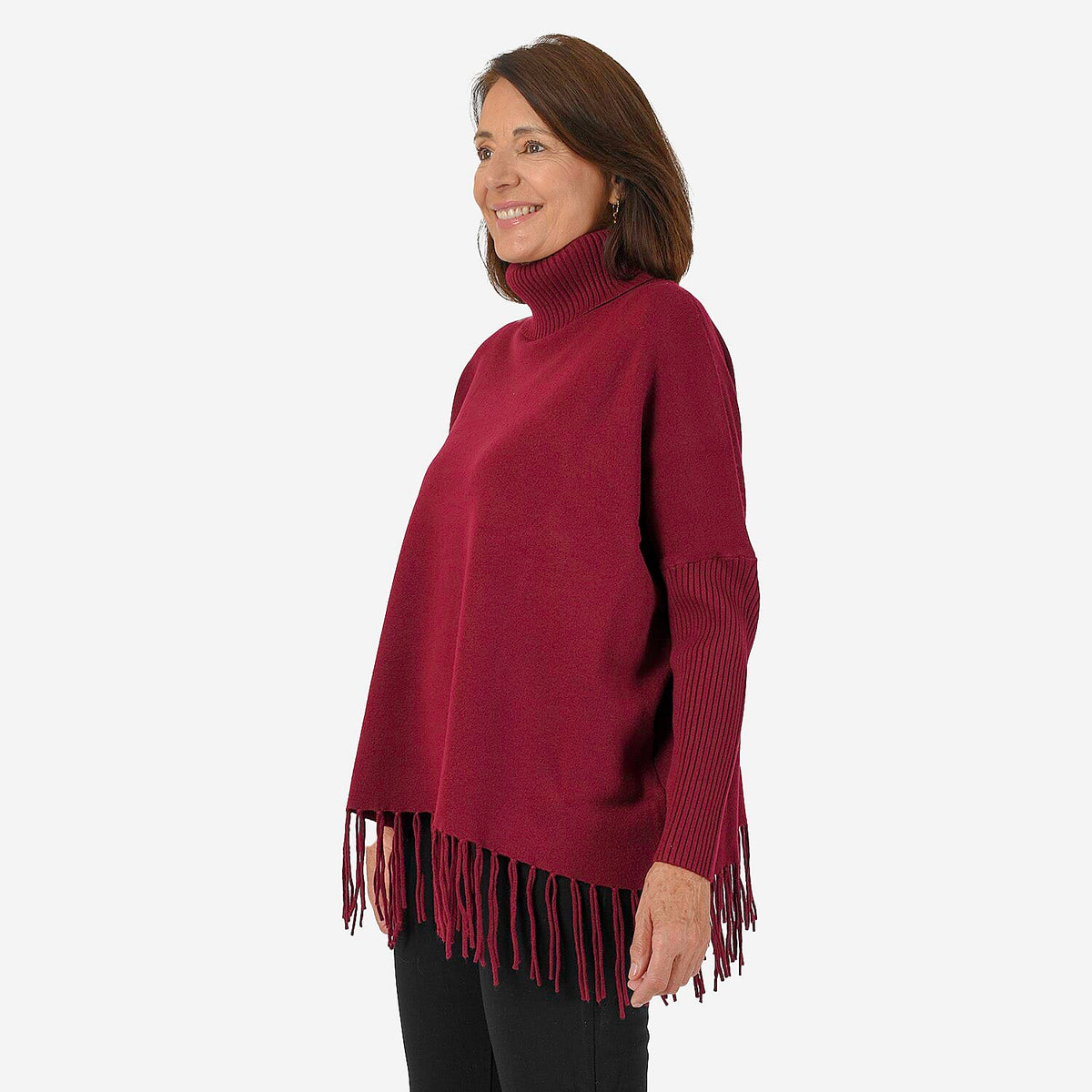 Mudflower Women's Roll Neck Fringe Hem Jumper with Relaxed Poncho Fit