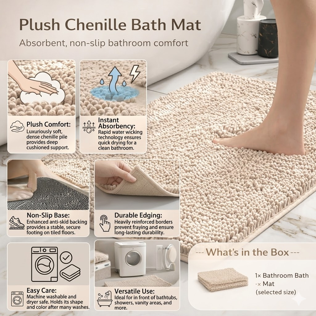 Non-Slip Plush Chenille Bath Rug — Thick Microfiber Pile, Absorbent Surface