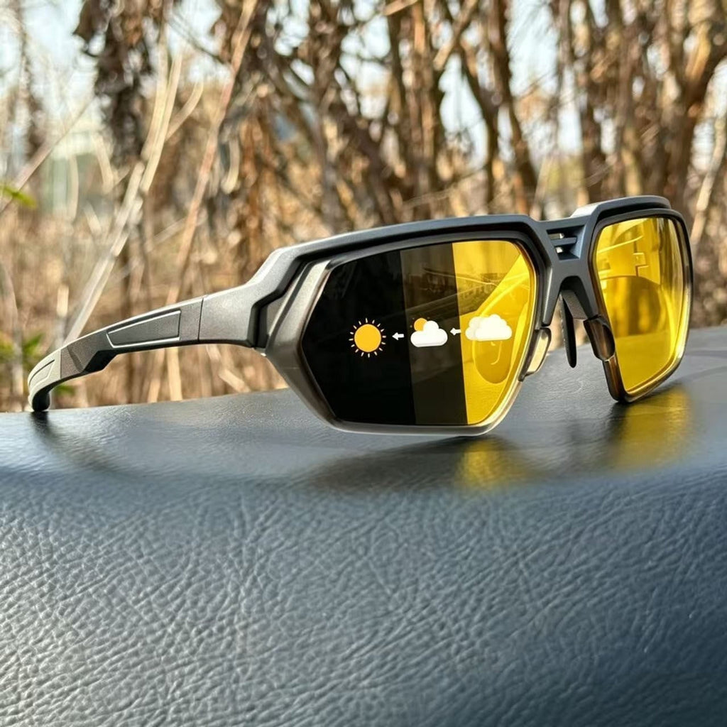 Photochromic Polarised Sports Sunglasses With Night-Enhancing Lenses And Tactical Wrap