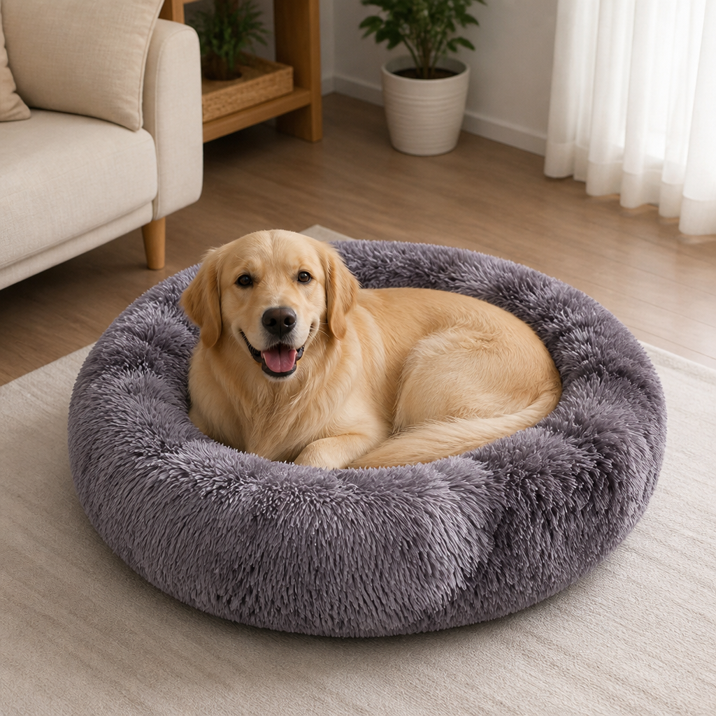 Plush Long-Pile Tie-Dye Round Dog Bed