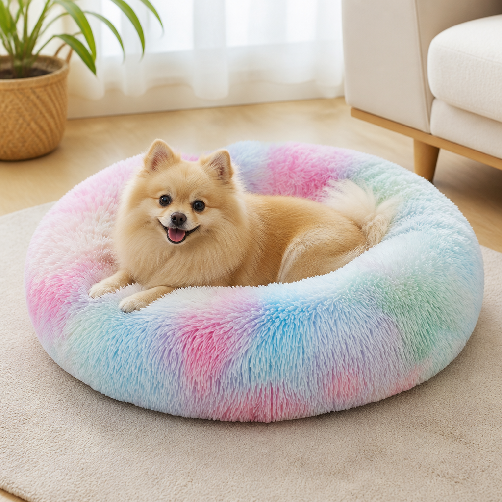 Plush Long-Pile Tie-Dye Round Dog Bed