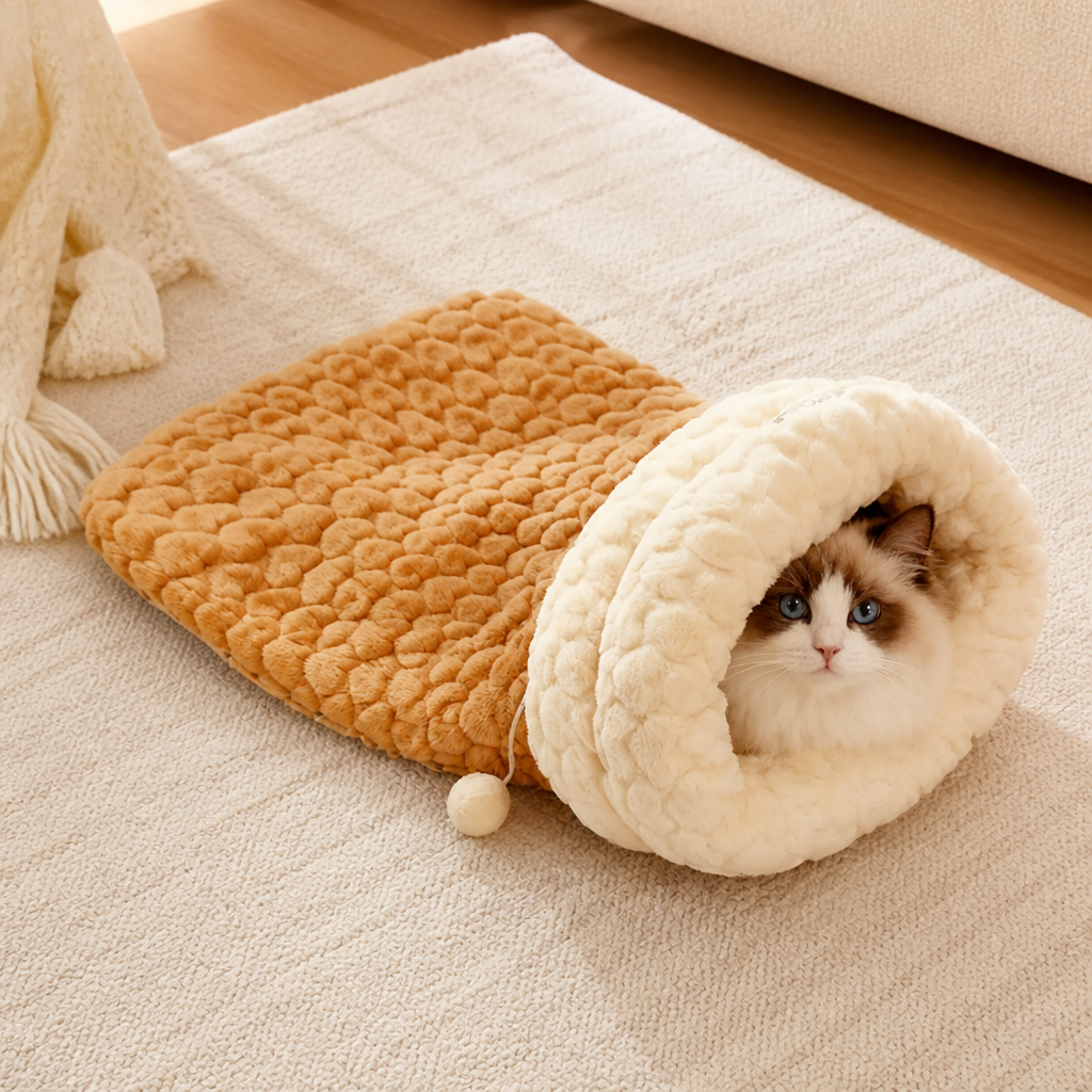 Plush Semi-Enclosed Windproof Pet Sleeping Bag (For Small Cats & Dogs)