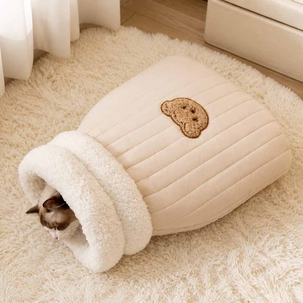 Plush Semi-Enclosed Windproof Pet Sleeping Bag (For Small Cats & Dogs)