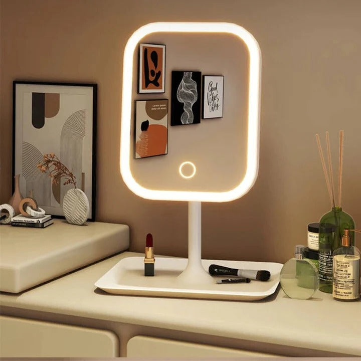 Portable Cosmetic Mirror with Lights and High Definition Glass and USB Charging Port and Compact Stand