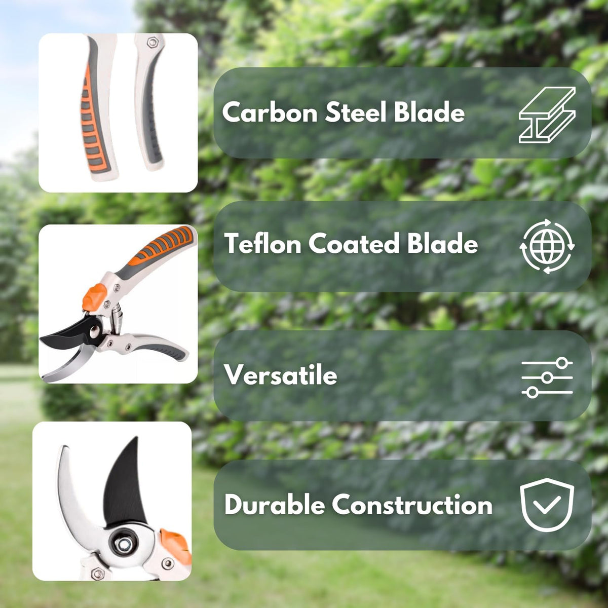 Precision Pruner with Carbon Steel Blade | Cuts Branches Up to 1.9 cm | Ergonomic Soft Grip Handles | Ideal for Gardenin