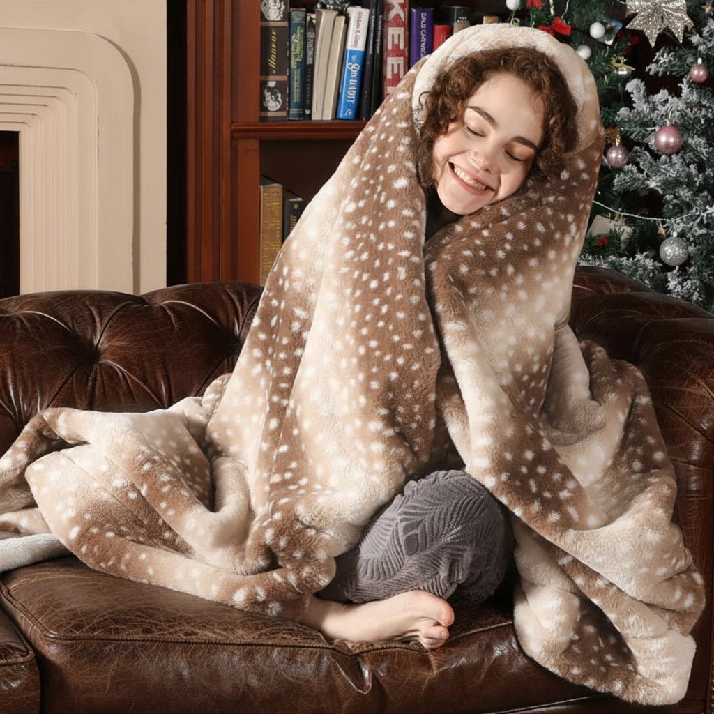 Reversible Deer Print Plush Throw Blanket, Double-Sided Faux Fur Feel
