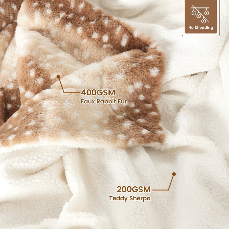 Reversible Deer Print Plush Throw Blanket, Double-Sided Faux Fur Feel