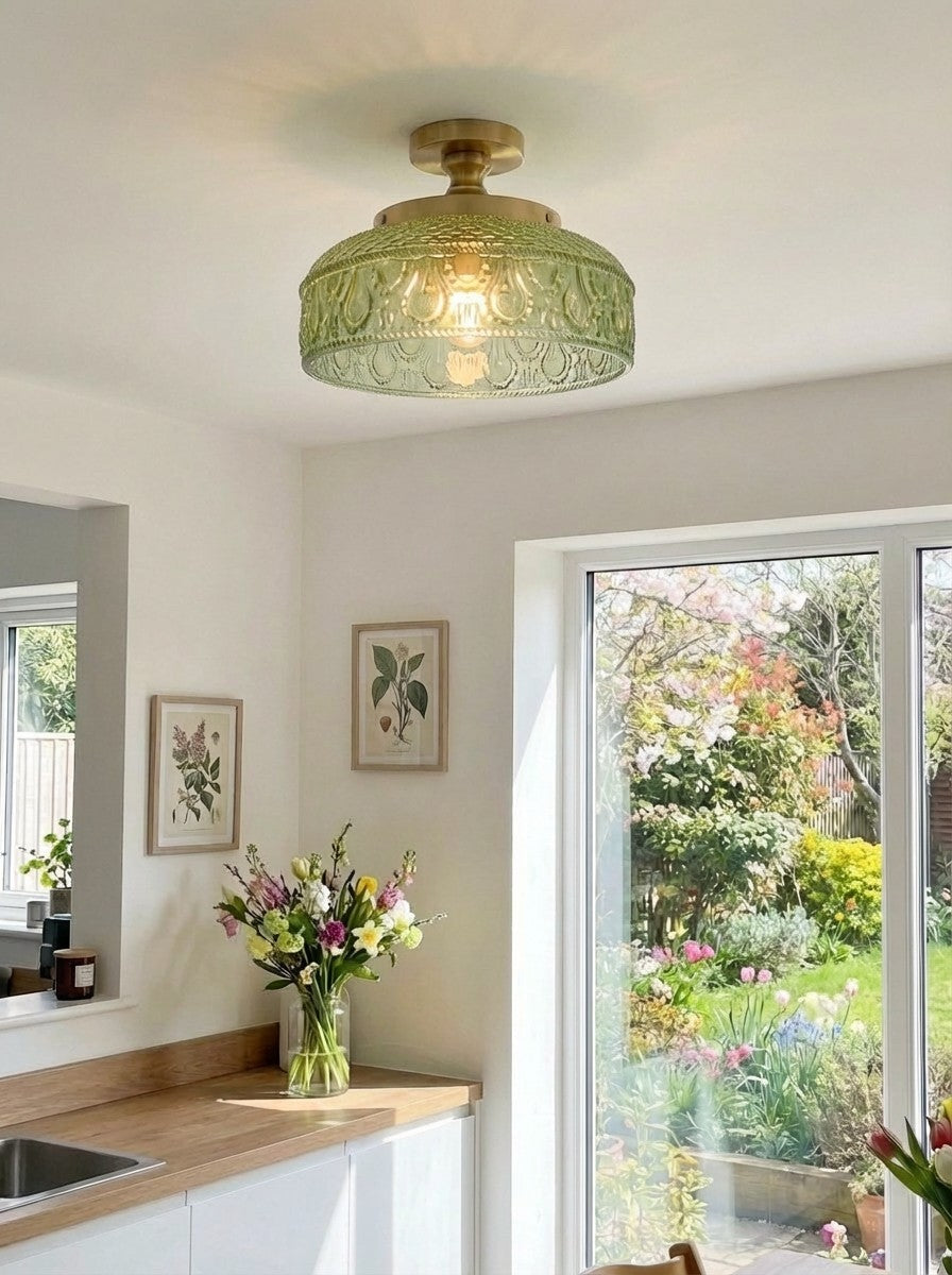 Ribbed Glass Ceiling Lamp with Metal Fixture | Minimalist Lighting for Bedroom and Hallway