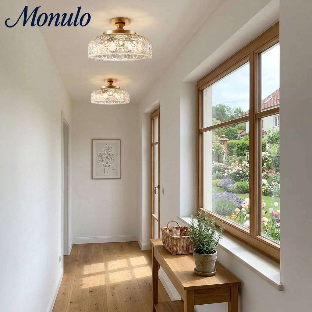 Ribbed Glass Ceiling Lamp with Metal Fixture | Minimalist Lighting for Bedroom and Hallway