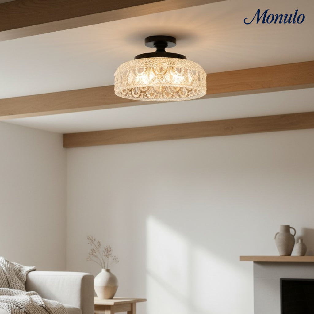 Ribbed Glass Ceiling Lamp with Metal Fixture | Minimalist Lighting for Bedroom and Hallway