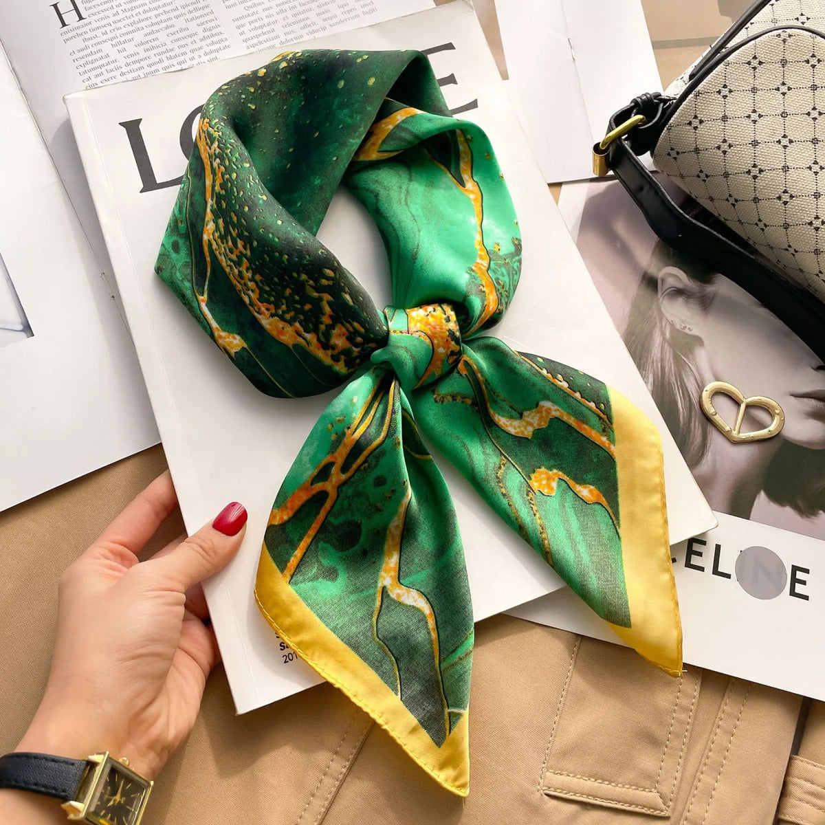 Silk checkered scarf with charm
