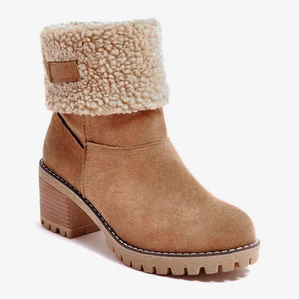 Snow Boots for Women, Waterproof Winter Boots with Block Heel, Leather Ankle Boots with Fur Cuffs and Non Skid Lug Sole