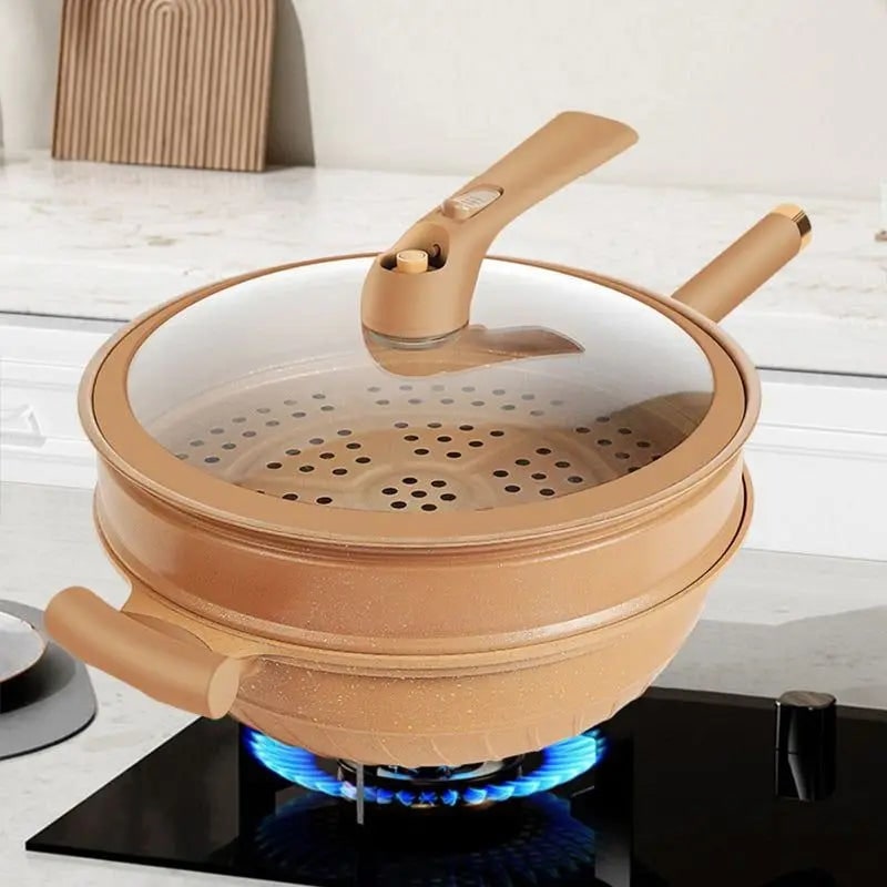 Speckled Non-Stick Wok Pan, Steamer Basket and Glass Lid