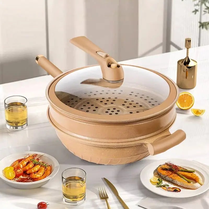 Speckled Non-Stick Wok Pan, Steamer Basket and Glass Lid